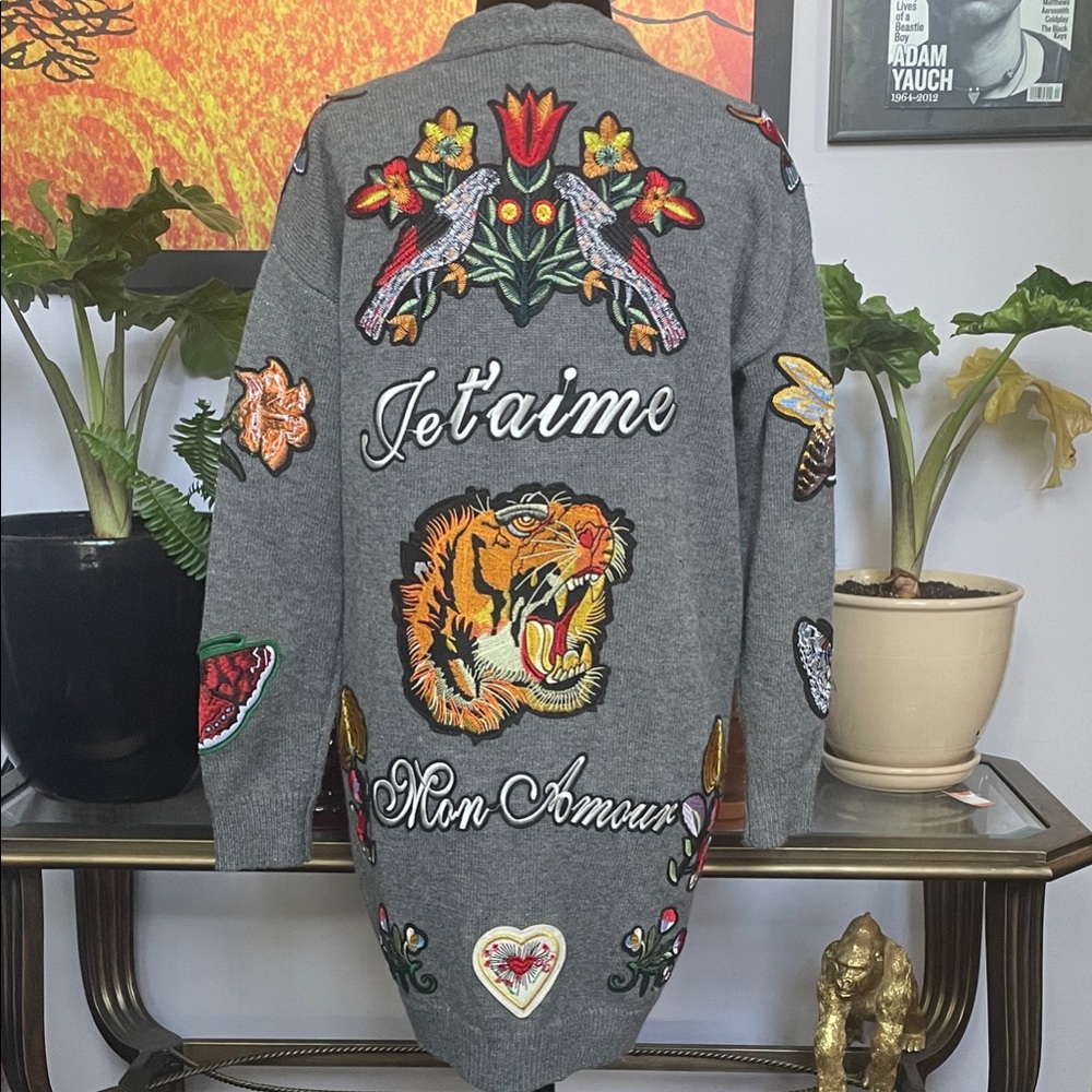 Grey Cardigan with Sewn on Patches